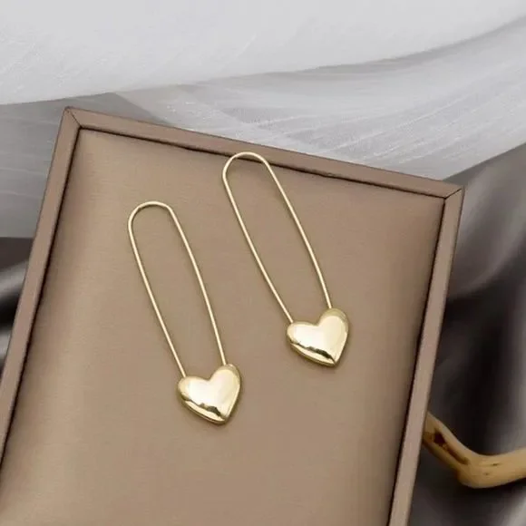 7/$35 Gold Color Heart Safety Pin Earrings Gold Locket Earrings - Picture 1 of 5